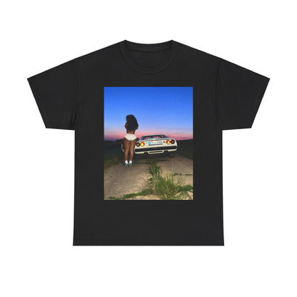 A black graphic t-shirt featuring a vintage alt R&B graphic of SZA.