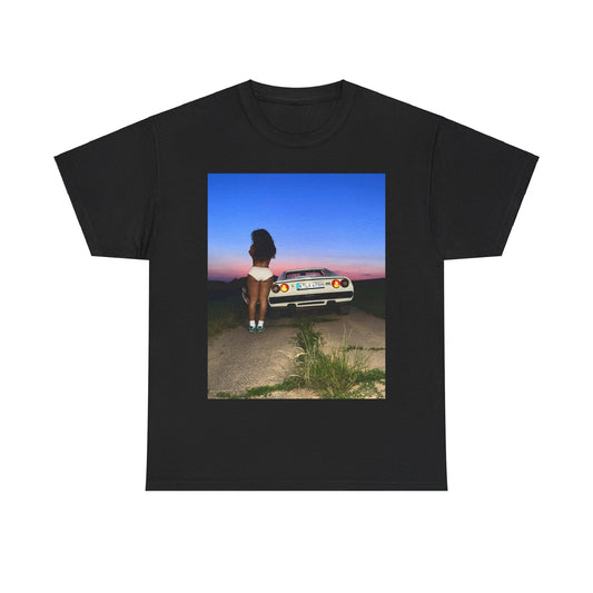A black graphic t-shirt featuring a vintage alt R&B graphic of SZA.