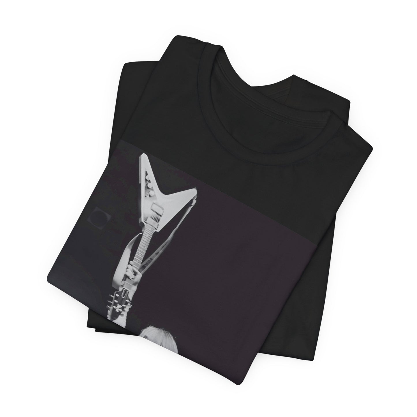 A black graphic t-shirt featuring a graphic or photo of Tom Petty playing guitar on stage.