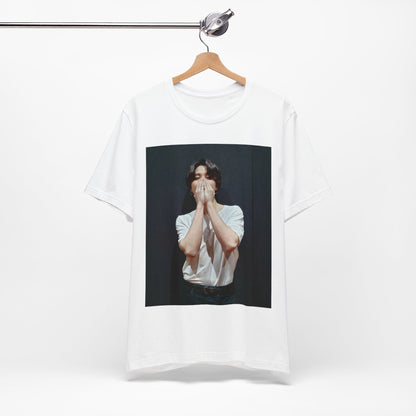 A black graphic t-shirt featuring a graphic of Jimin designed for everyday K-Pop style.