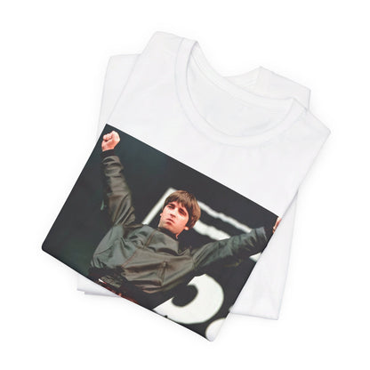 A black graphic t-shirt featuring a graphic or photo of Liam and Noel Gallagher from Oasis performing live on stage.