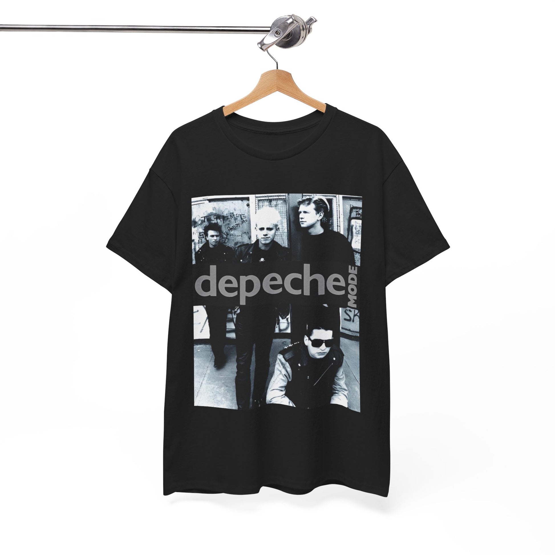 A black graphic t-shirt featuring a black and white photo portrait of the band Depeche Mode.