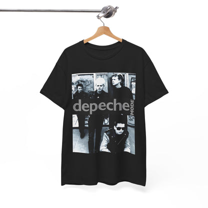 A black graphic t-shirt featuring a black and white photo portrait of the band Depeche Mode.