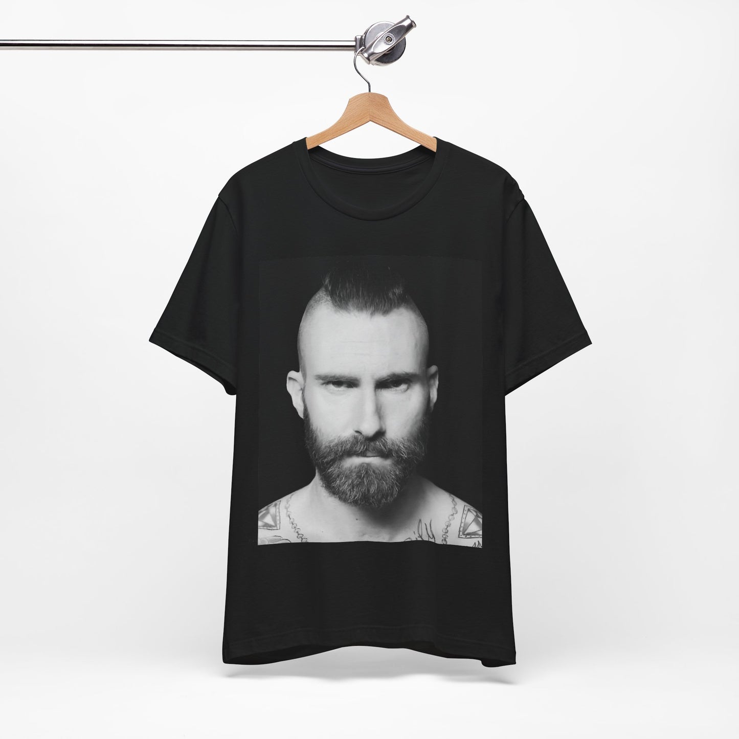 A sharp, polished studio portrait of Maroon 5 frontman Adam Levine, printed on a graphic t-shirt.