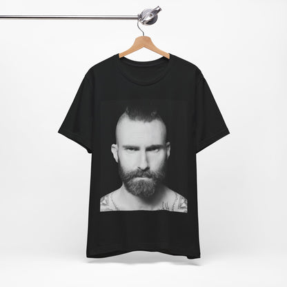 A sharp, polished studio portrait of Maroon 5 frontman Adam Levine, printed on a graphic t-shirt.