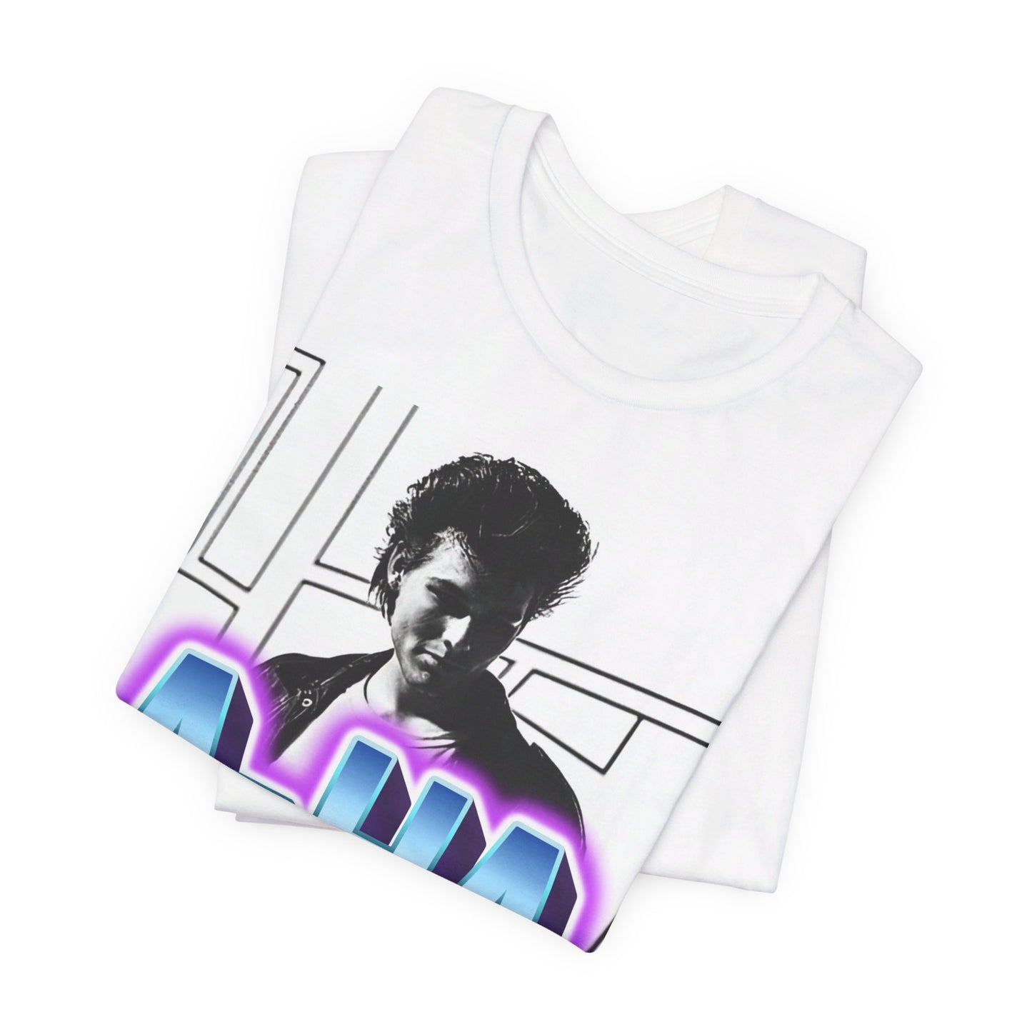 A black graphic t-shirt featuring a vintage 80s black and white photo of the band A-HA, capturing their iconic look.
