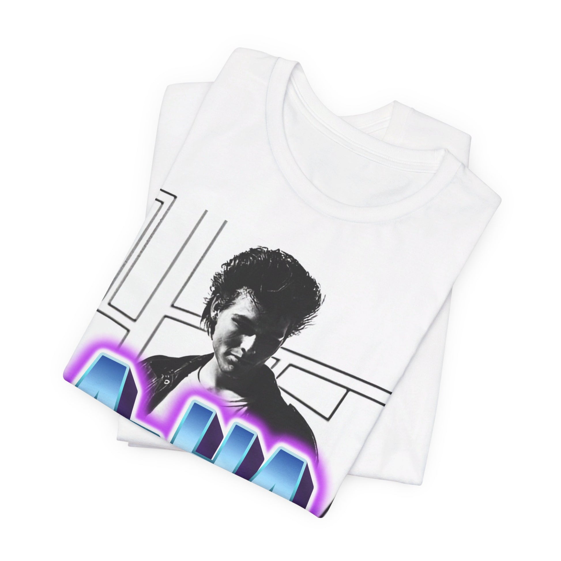 A black graphic t-shirt featuring a vintage 80s black and white photo of the band A-HA, capturing their iconic look.