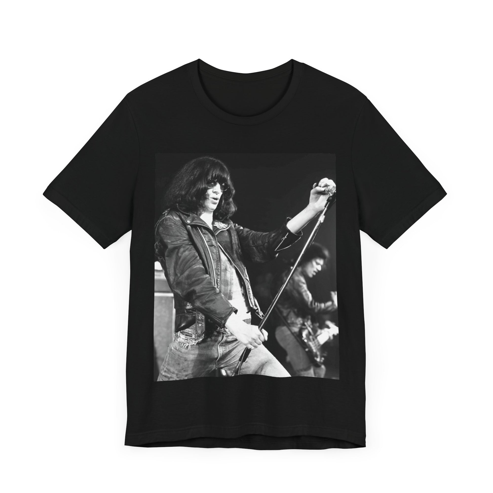A black graphic t-shirt featuring a graphic of Joey Ramone from Ramones as the Godfather of Punk.