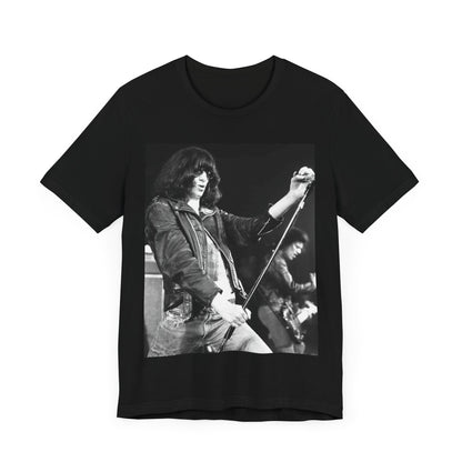 A black graphic t-shirt featuring a graphic of Joey Ramone from Ramones as the Godfather of Punk.