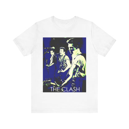 A black graphic t-shirt featuring a 70s aesthetic punk rock graphic of The Clash.