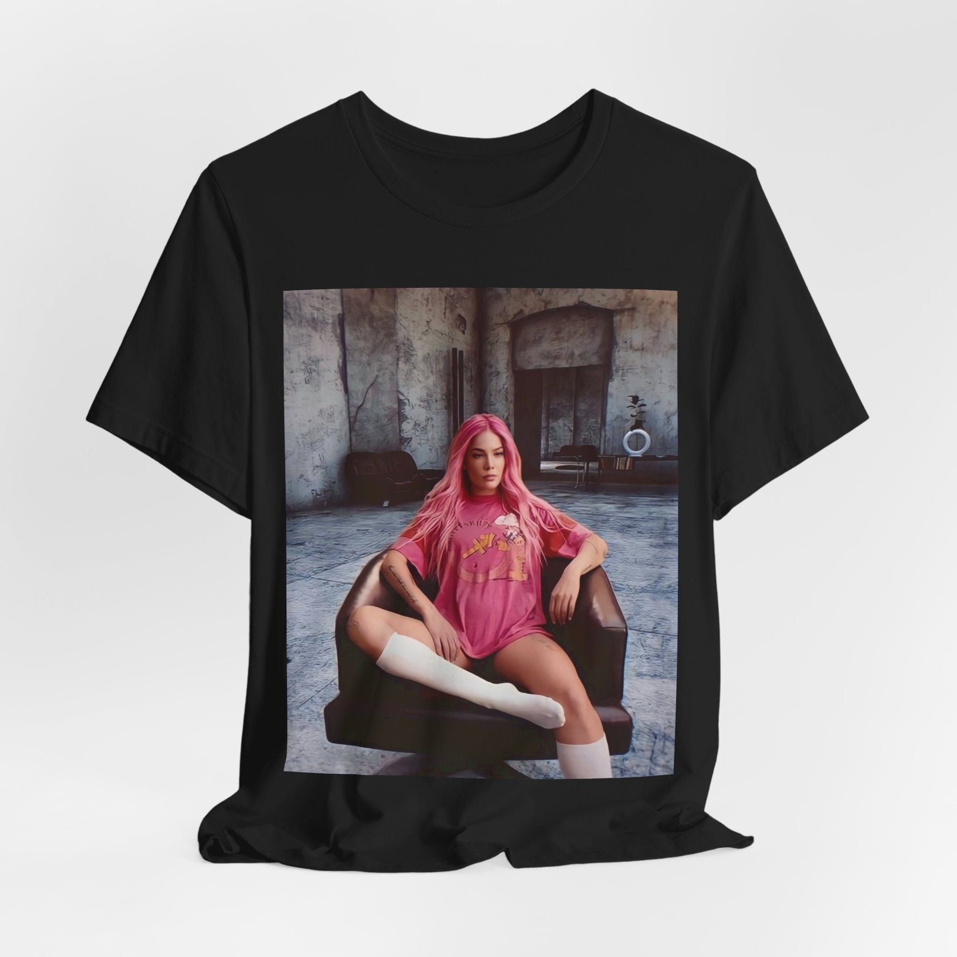 A black graphic t-shirt featuring a retro graphic related to Halsey's 'Badlands' album era.