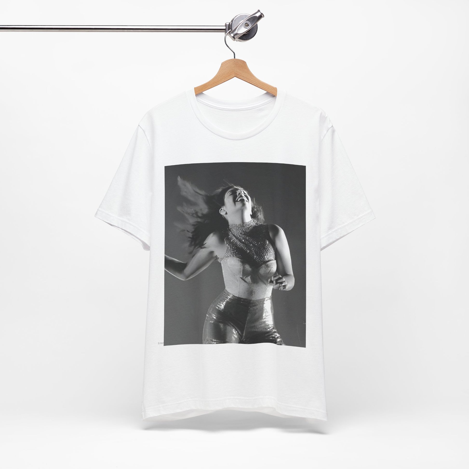 A black graphic t-shirt featuring a black and white, monochrome graphic or portrait of Lorde.
