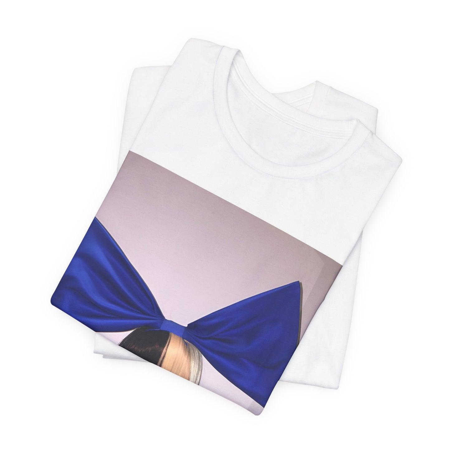 A black graphic t-shirt featuring a graphic of Sia with her iconic wig, in an aesthetic style.
