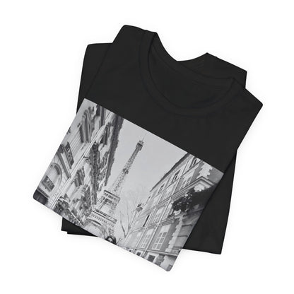 A black graphic t-shirt featuring a black and white photo of Selena Gomez in Paris.
