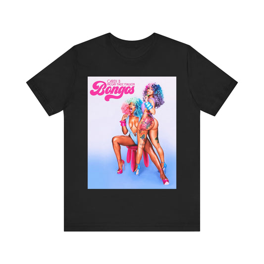 A black graphic t-shirt featuring the single artwork for Cardi B's song "Bongos."