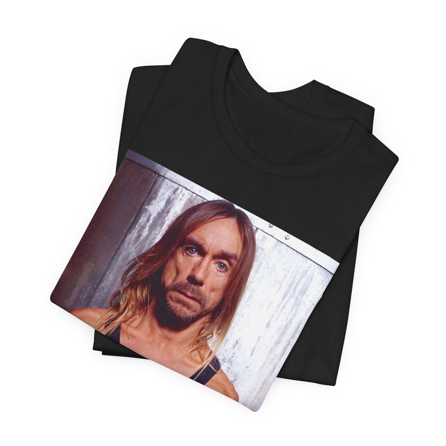 A black graphic t-shirt featuring a 90s vintage proto-punk icon graphic of Iggy Pop.