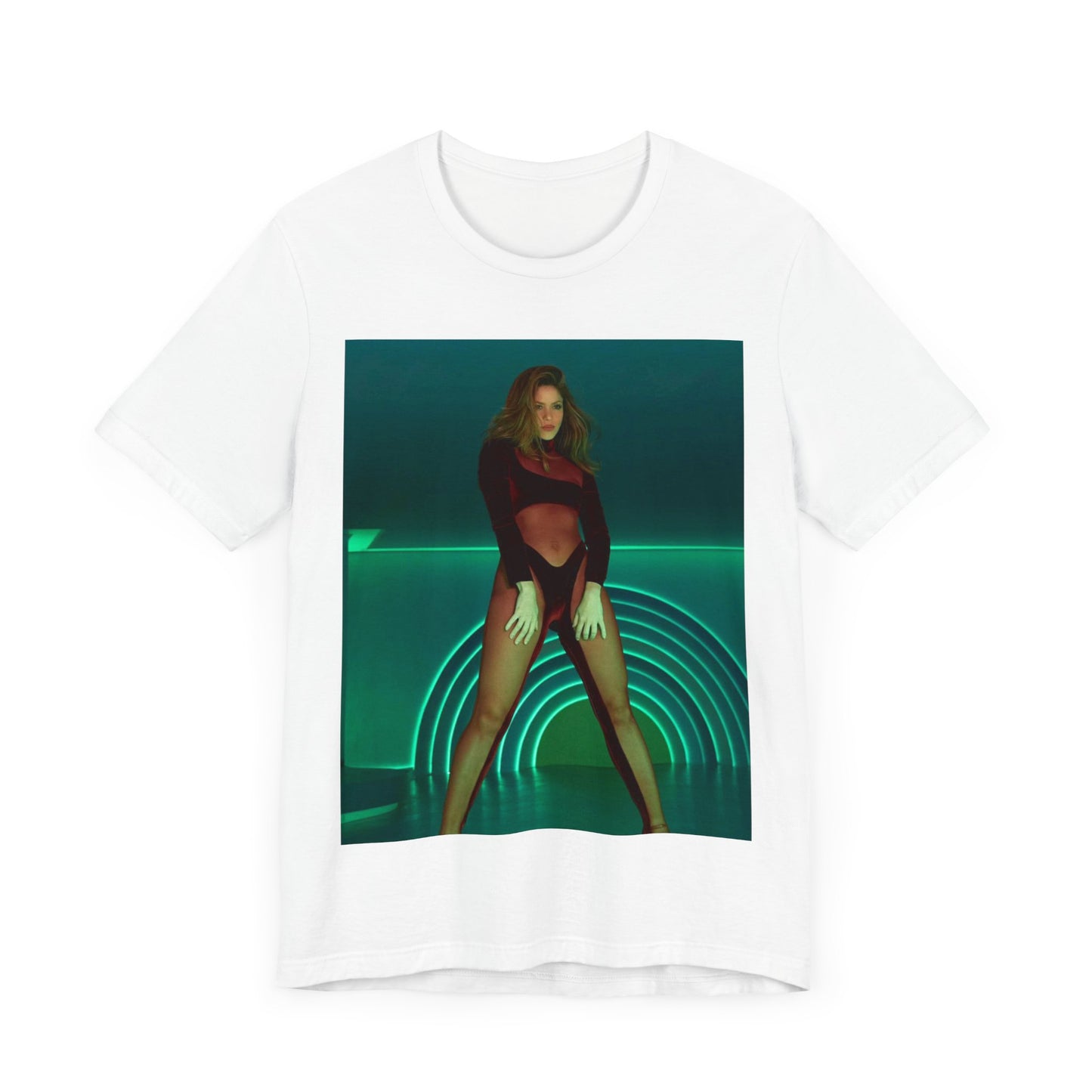 A black graphic t-shirt featuring a graphic of Shakira as the Queen of the Dance Floor.
