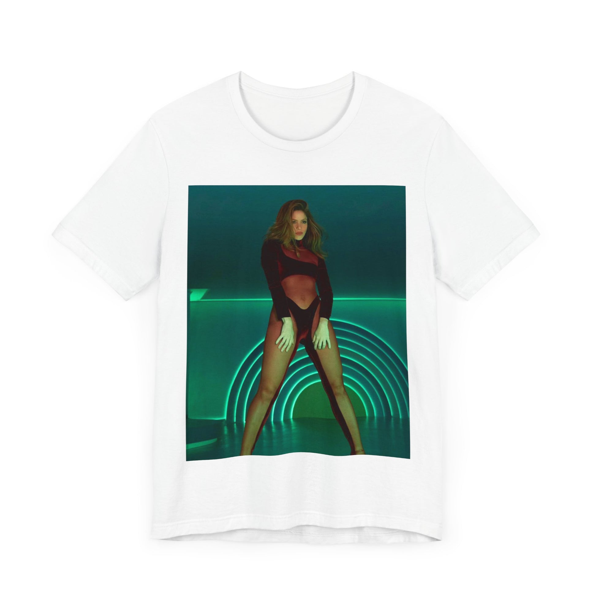 A black graphic t-shirt featuring a graphic of Shakira as the Queen of the Dance Floor.