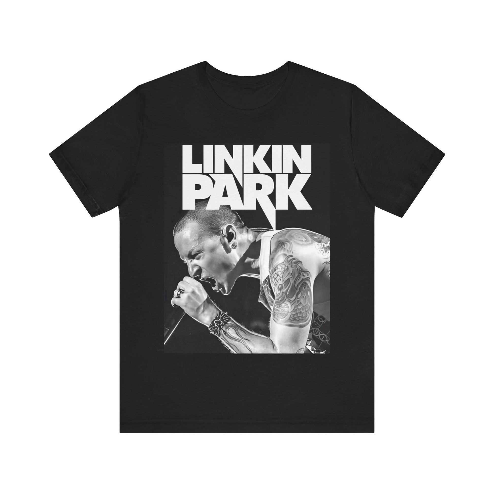 A black graphic t-shirt featuring a black and white graphic or photo portrait of Chester Bennington from Linkin Park.