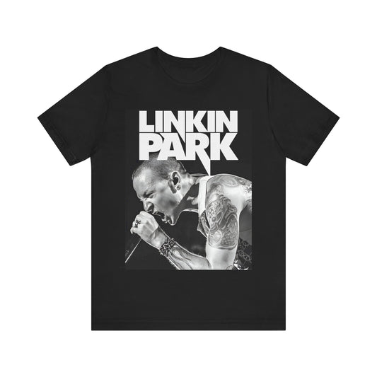 A black graphic t-shirt featuring a black and white graphic or photo portrait of Chester Bennington from Linkin Park.