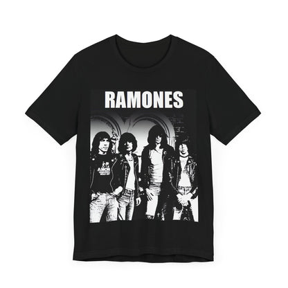 A black graphic t-shirt featuring a graphic of the Ramones as punk rock pioneers.