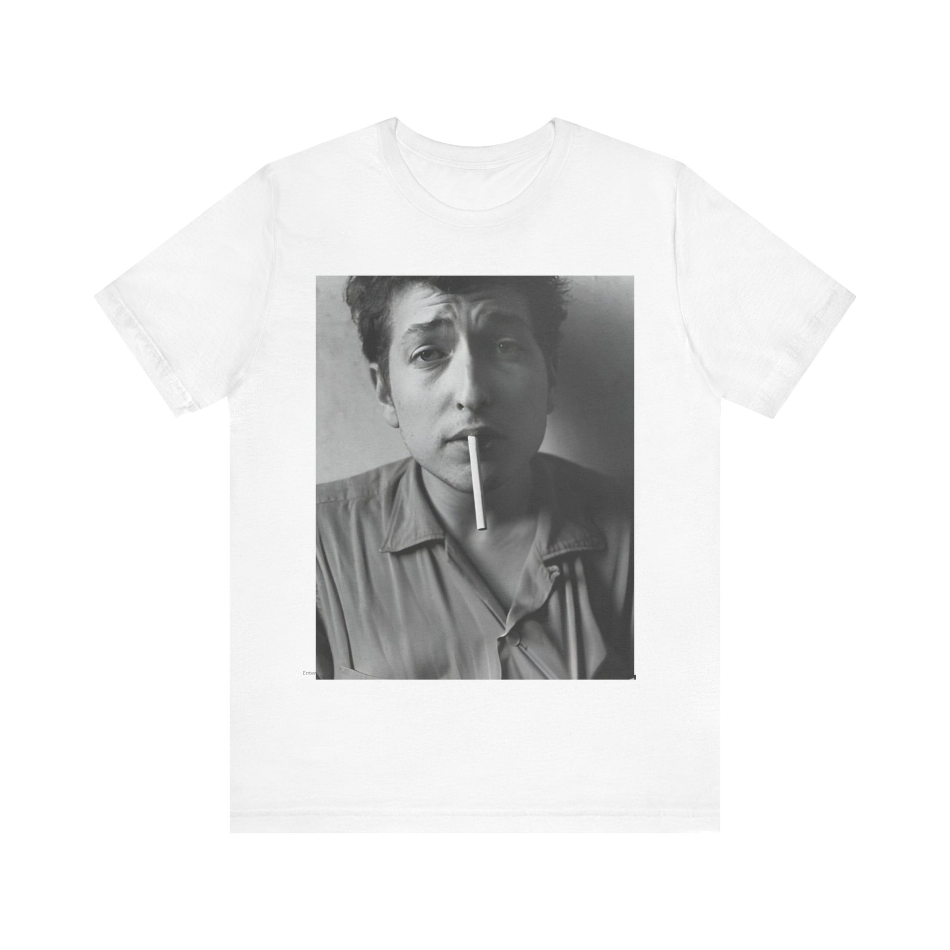 A black graphic t-shirt featuring a graphic of Bob Dylan from the 60s, depicted as a renegade folk icon.