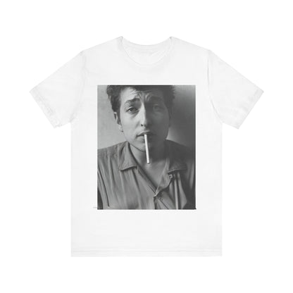 A black graphic t-shirt featuring a graphic of Bob Dylan from the 60s, depicted as a renegade folk icon.