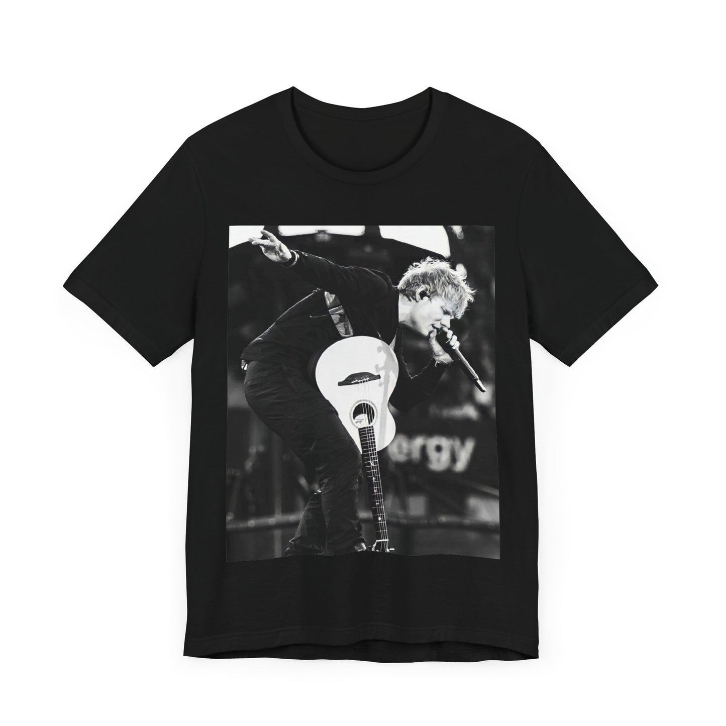 A black graphic t-shirt featuring a vintage graphic of Ed Sheeran performing live.