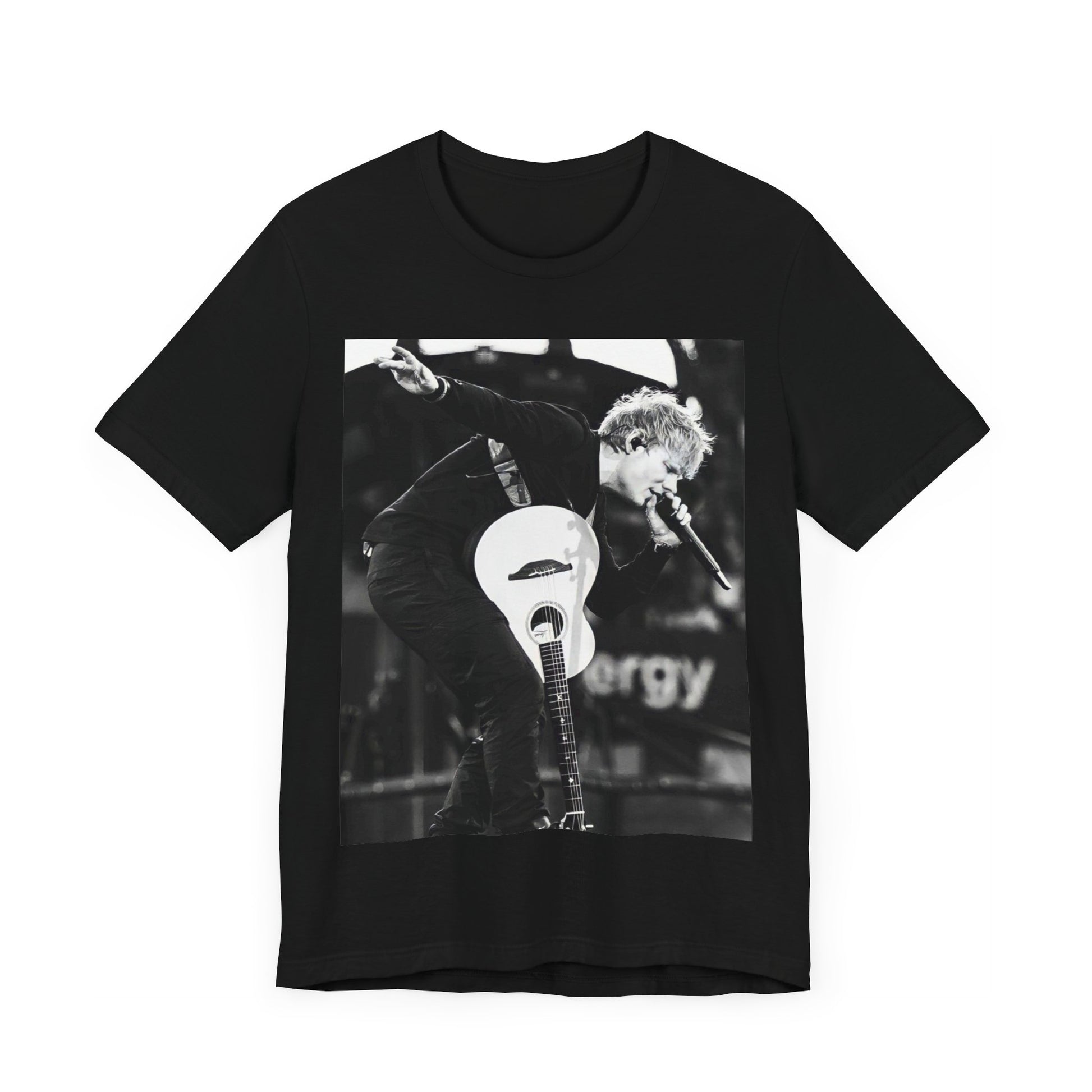 A black graphic t-shirt featuring a vintage graphic of Ed Sheeran performing live.