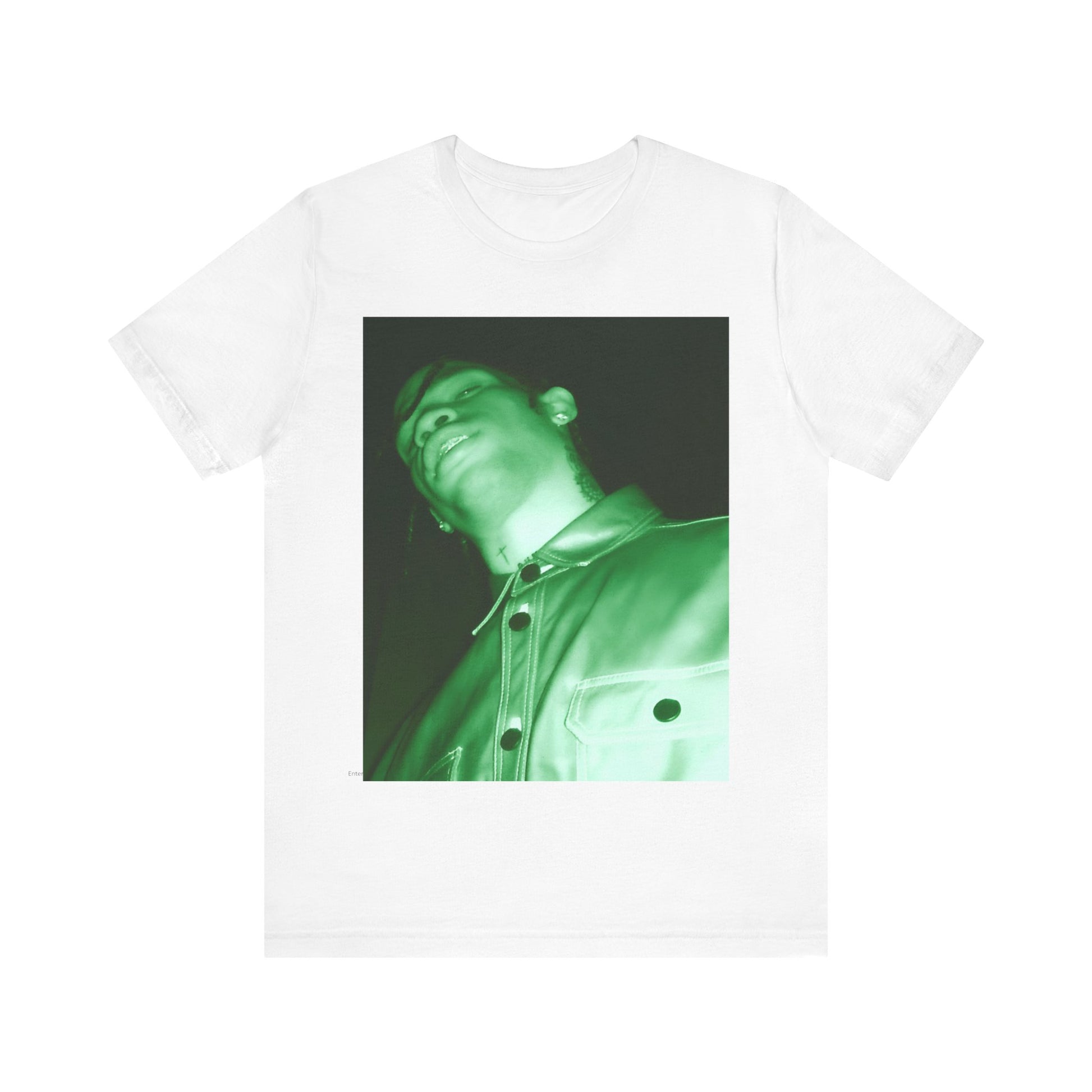 A black graphic t-shirt featuring a graphic of Travis Scott with psychedelic trap vibes.