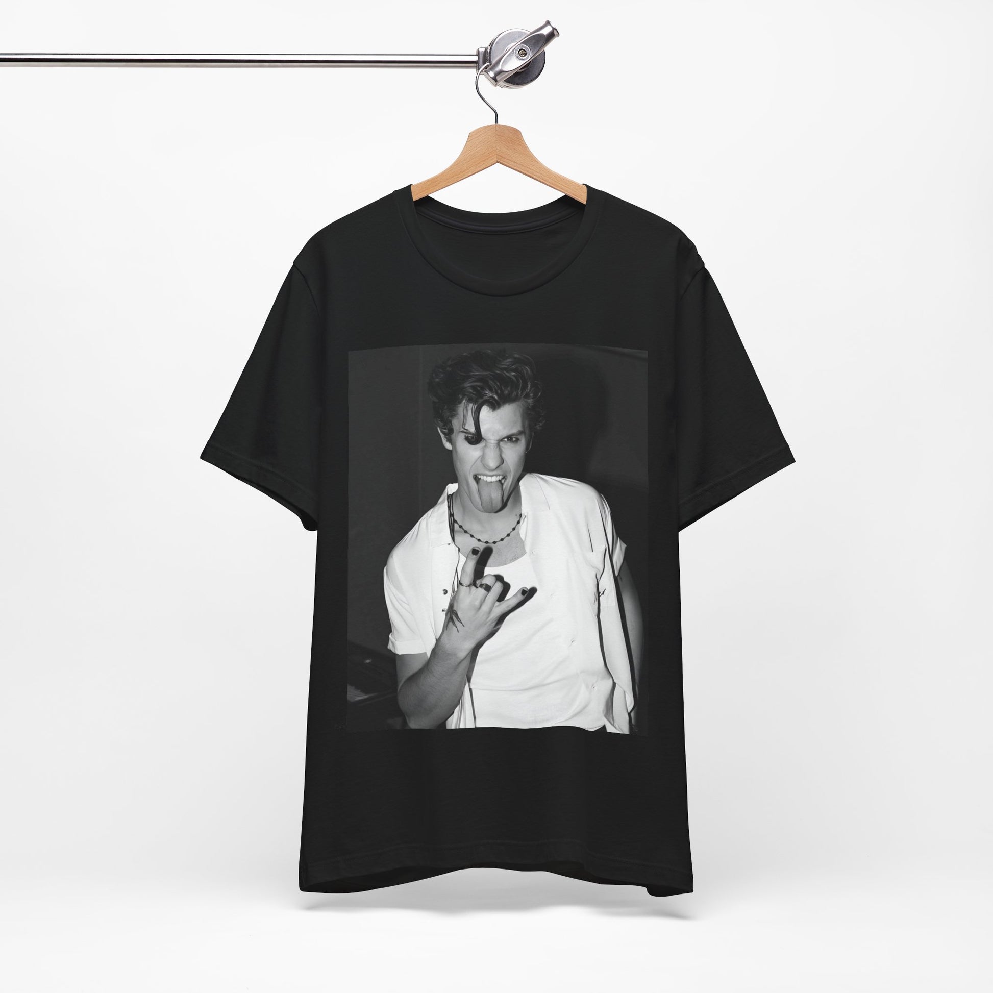 A black graphic t-shirt featuring a casual black and white fan graphic of Shawn Mendes.