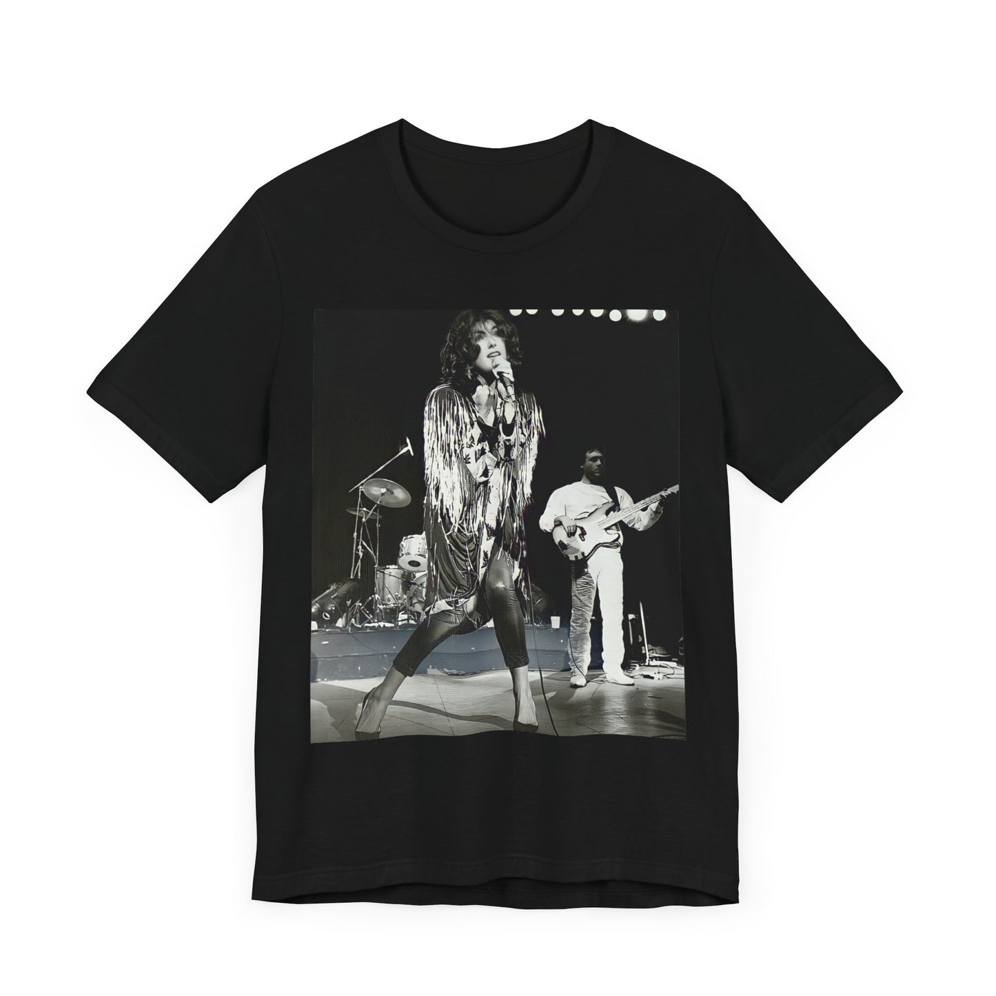 A black graphic t-shirt featuring an 80s black and white photo or graphic of Laura Branigan performing live on stage.