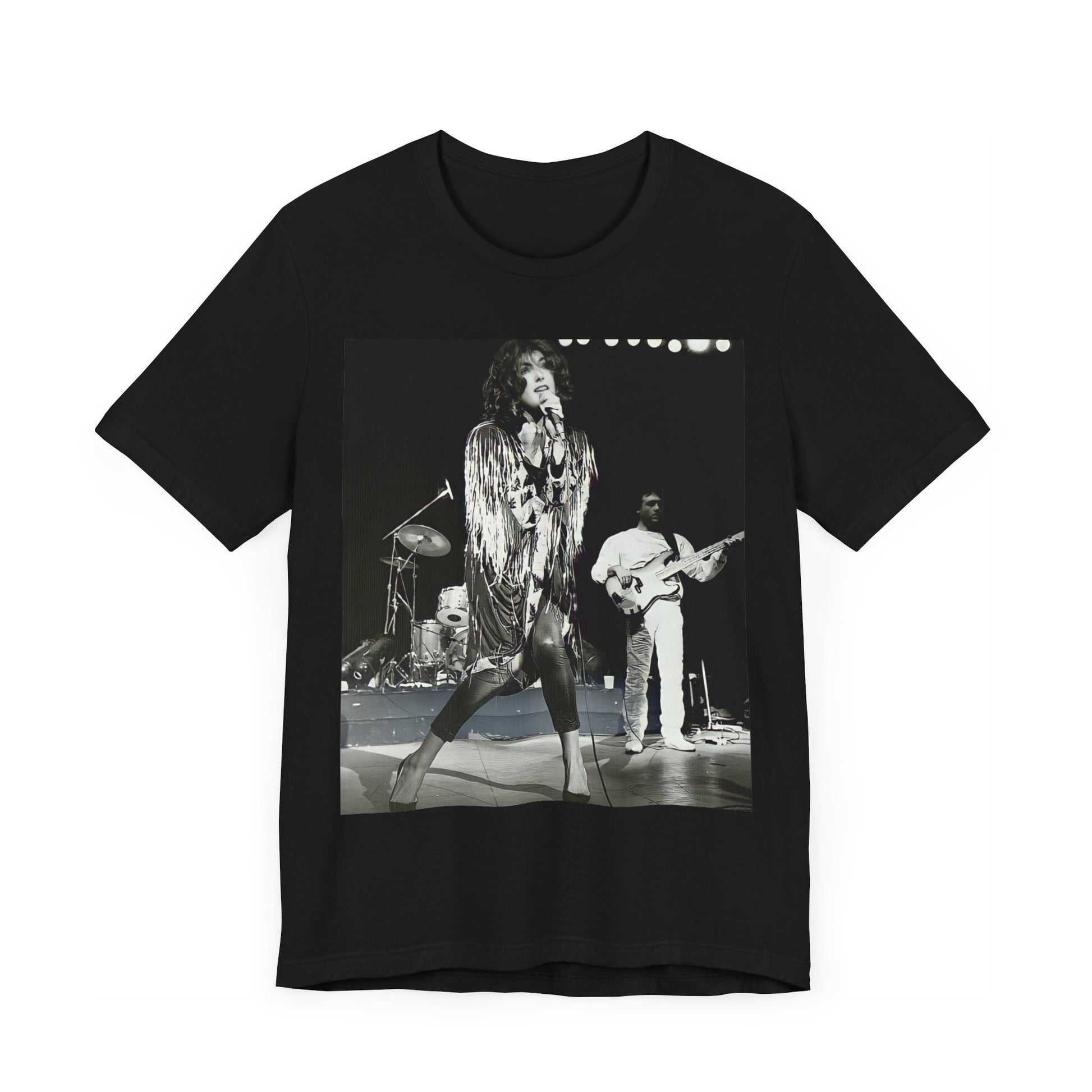 A black graphic t-shirt featuring an 80s black and white photo or graphic of Laura Branigan performing live on stage.