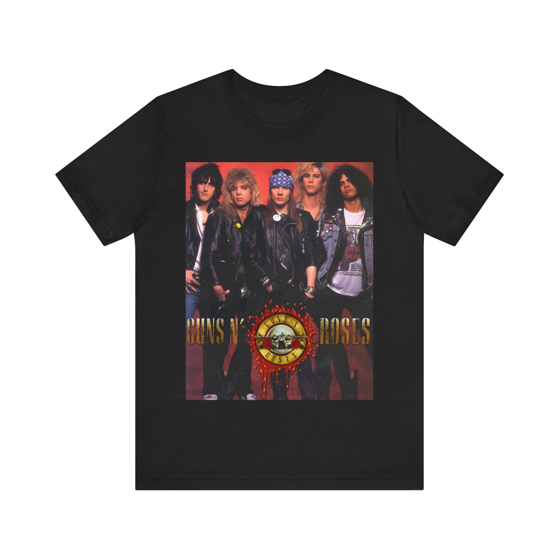 A black graphic t-shirt featuring a vintage graphic related to Guns N' Roses' 'Appetite for Destruction' album era.