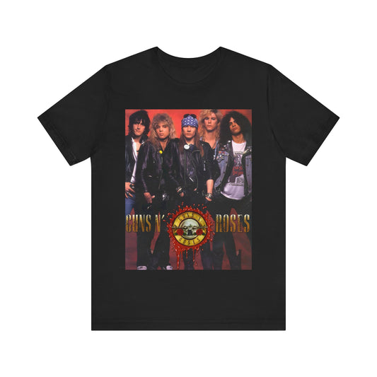 A black graphic t-shirt featuring a vintage graphic related to Guns N' Roses' 'Appetite for Destruction' album era.