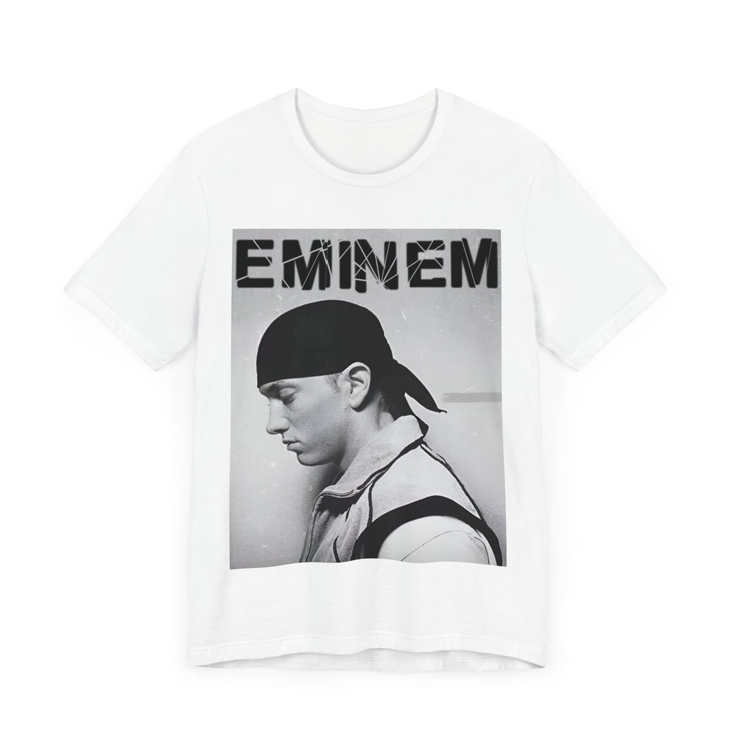 A black graphic t-shirt featuring a stylized graphic of Eminem as a modern rap legend.