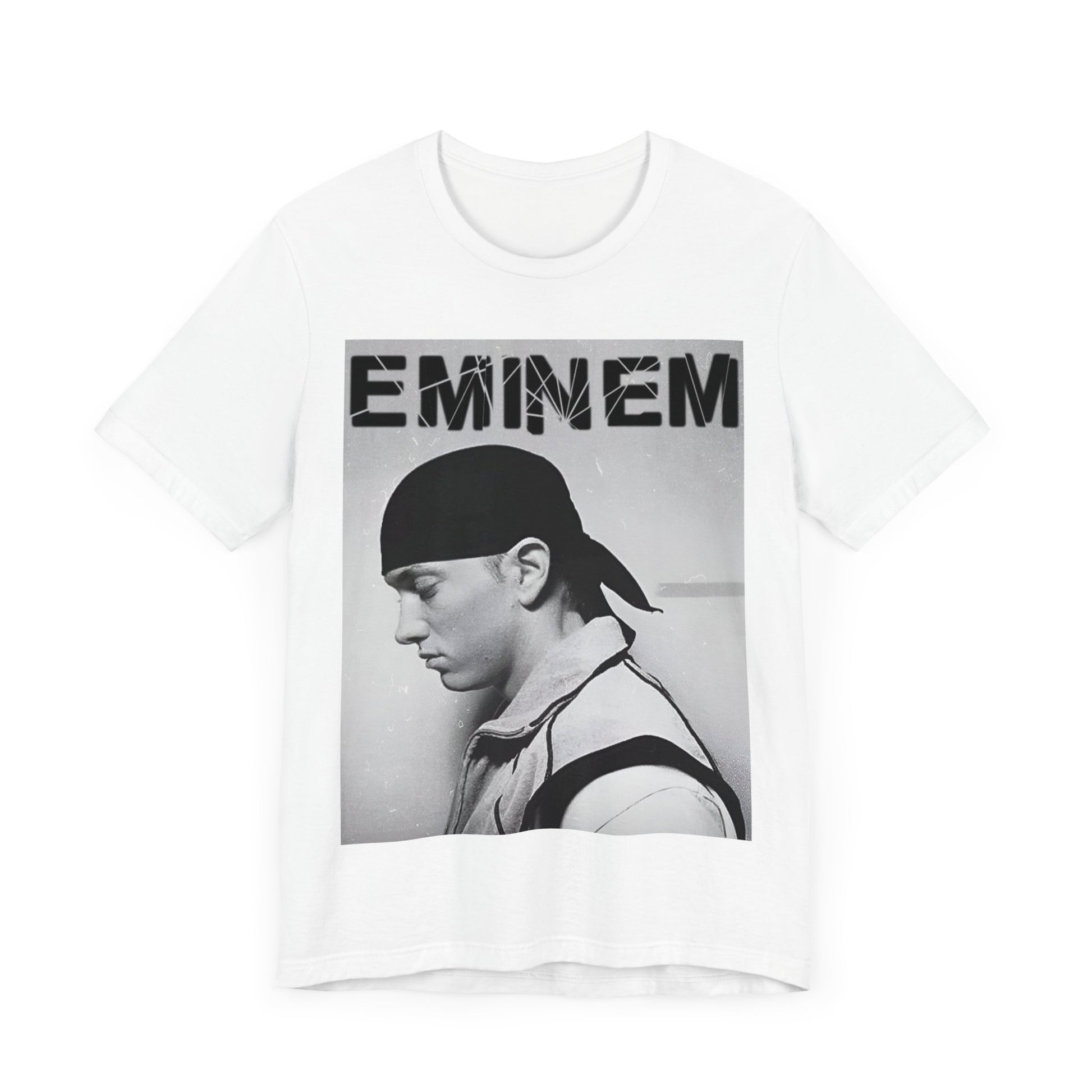 A black graphic t-shirt featuring a stylized graphic of Eminem as a modern rap legend.