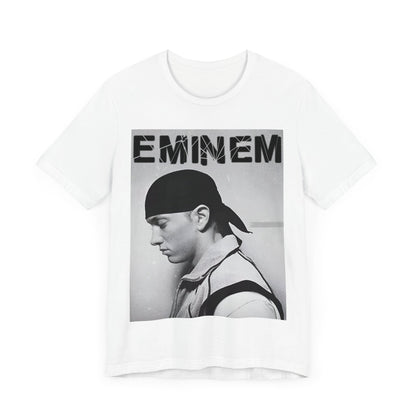 A black graphic t-shirt featuring a stylized graphic of Eminem as a modern rap legend.
