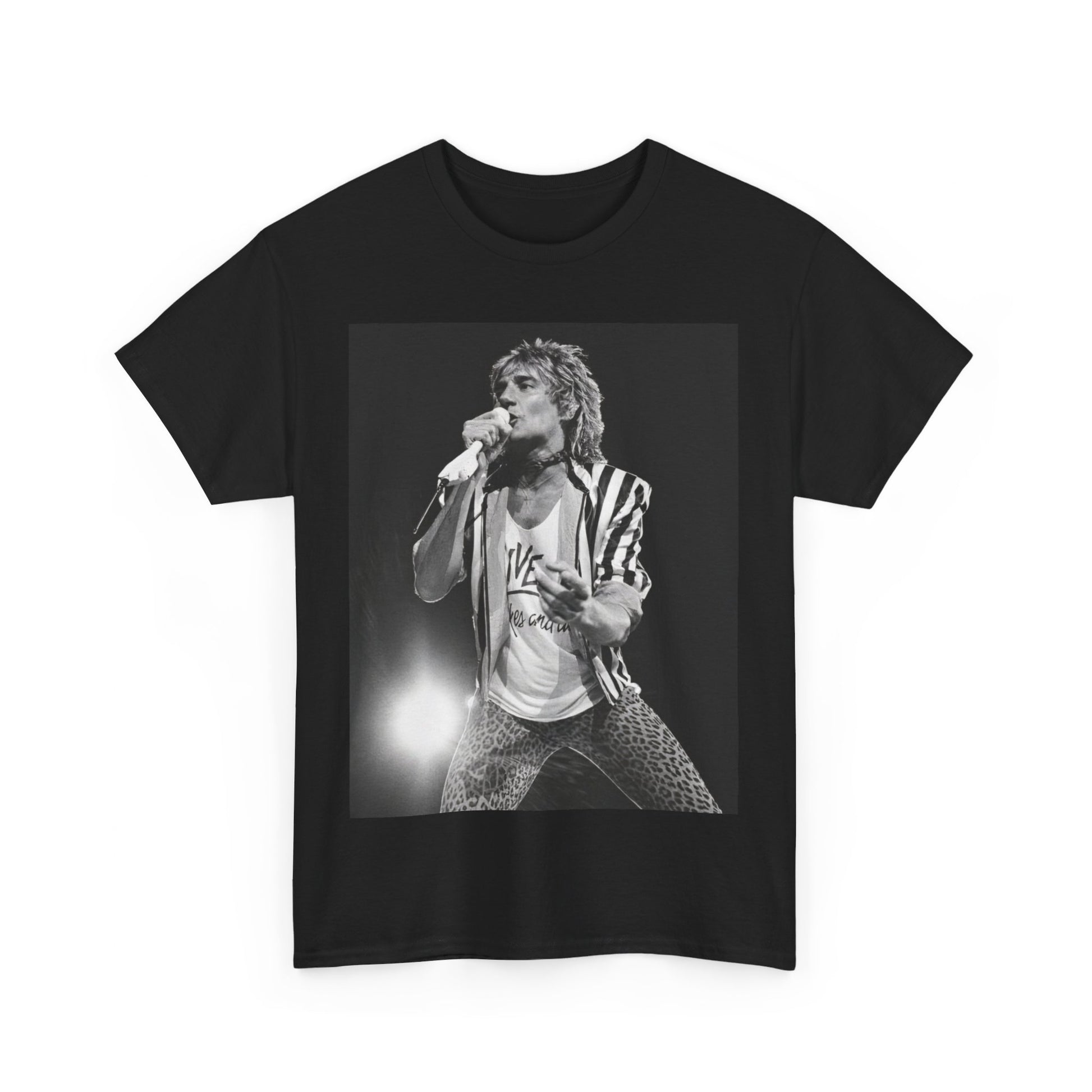 A black graphic t-shirt featuring a vintage graphic or photo of Rod Stewart performing live.