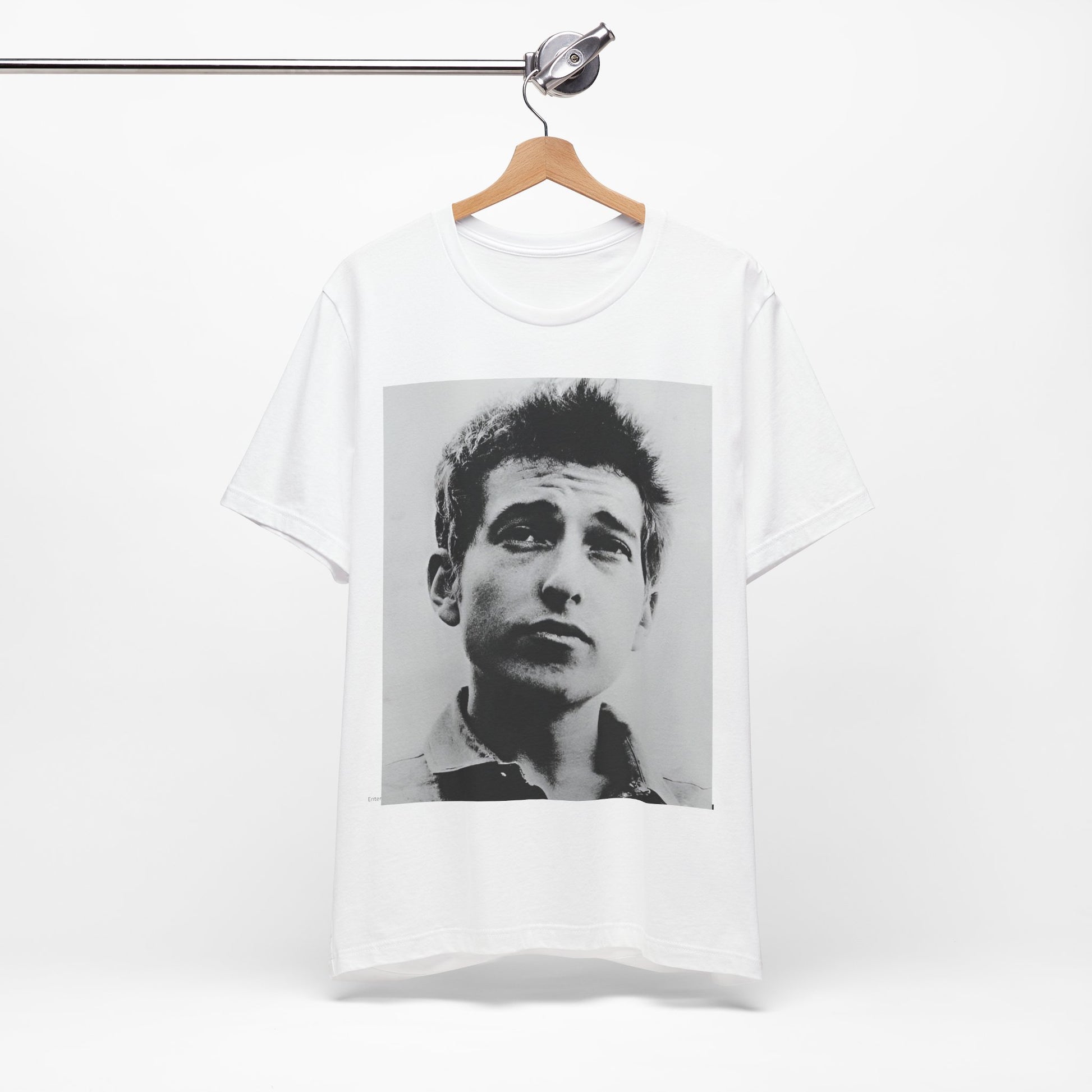 A black graphic t-shirt featuring a retro black and white folk iconic graphic of Bob Dylan.
