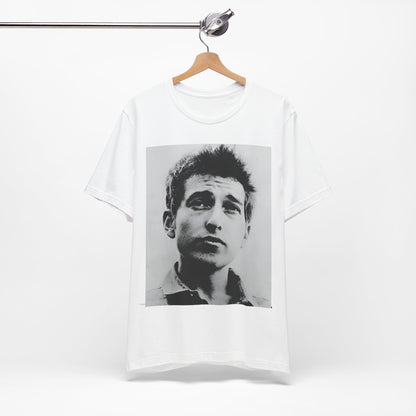 A black graphic t-shirt featuring a retro black and white folk iconic graphic of Bob Dylan.