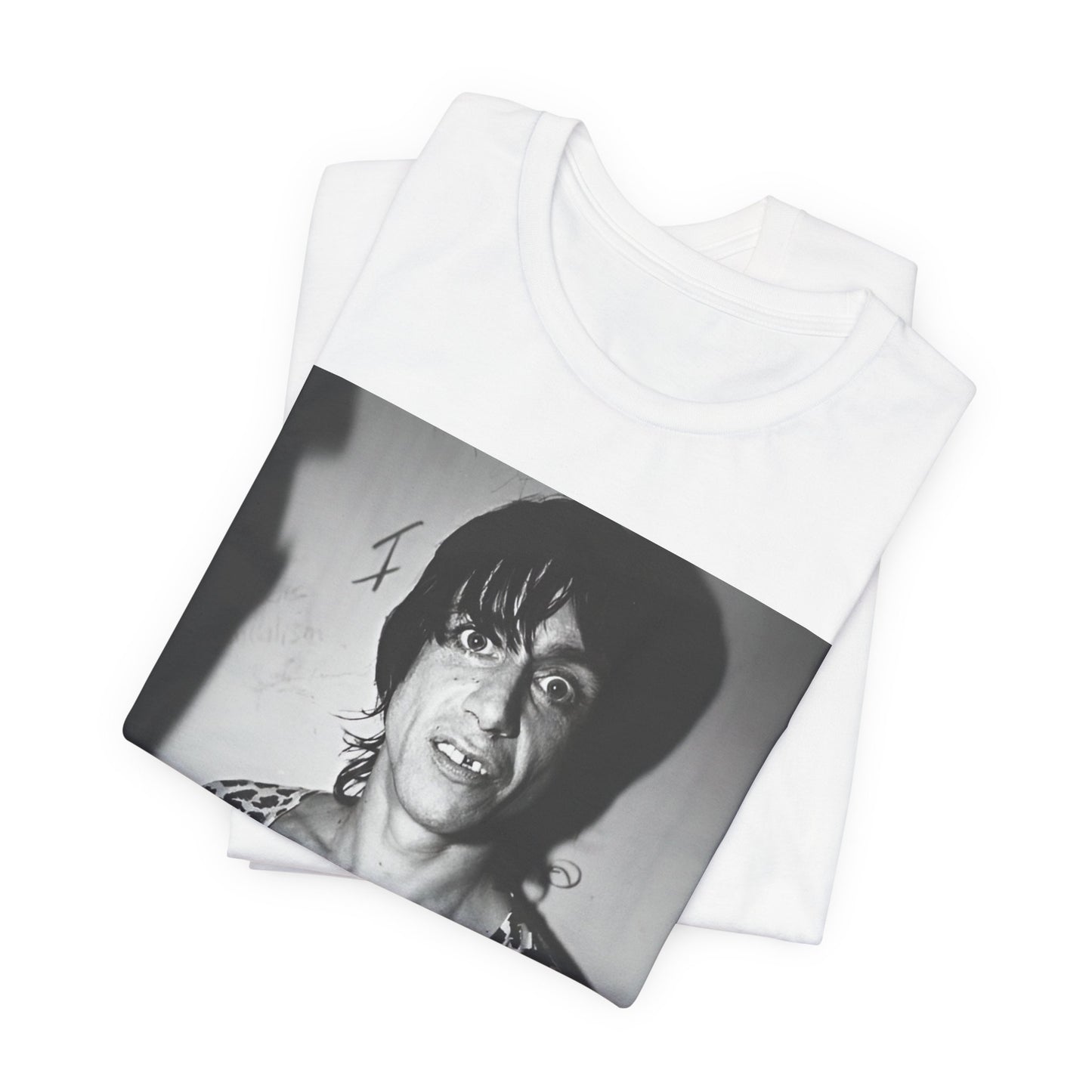 A black graphic t-shirt featuring a graphic of Iggy Pop and The Stooges in a punk style.