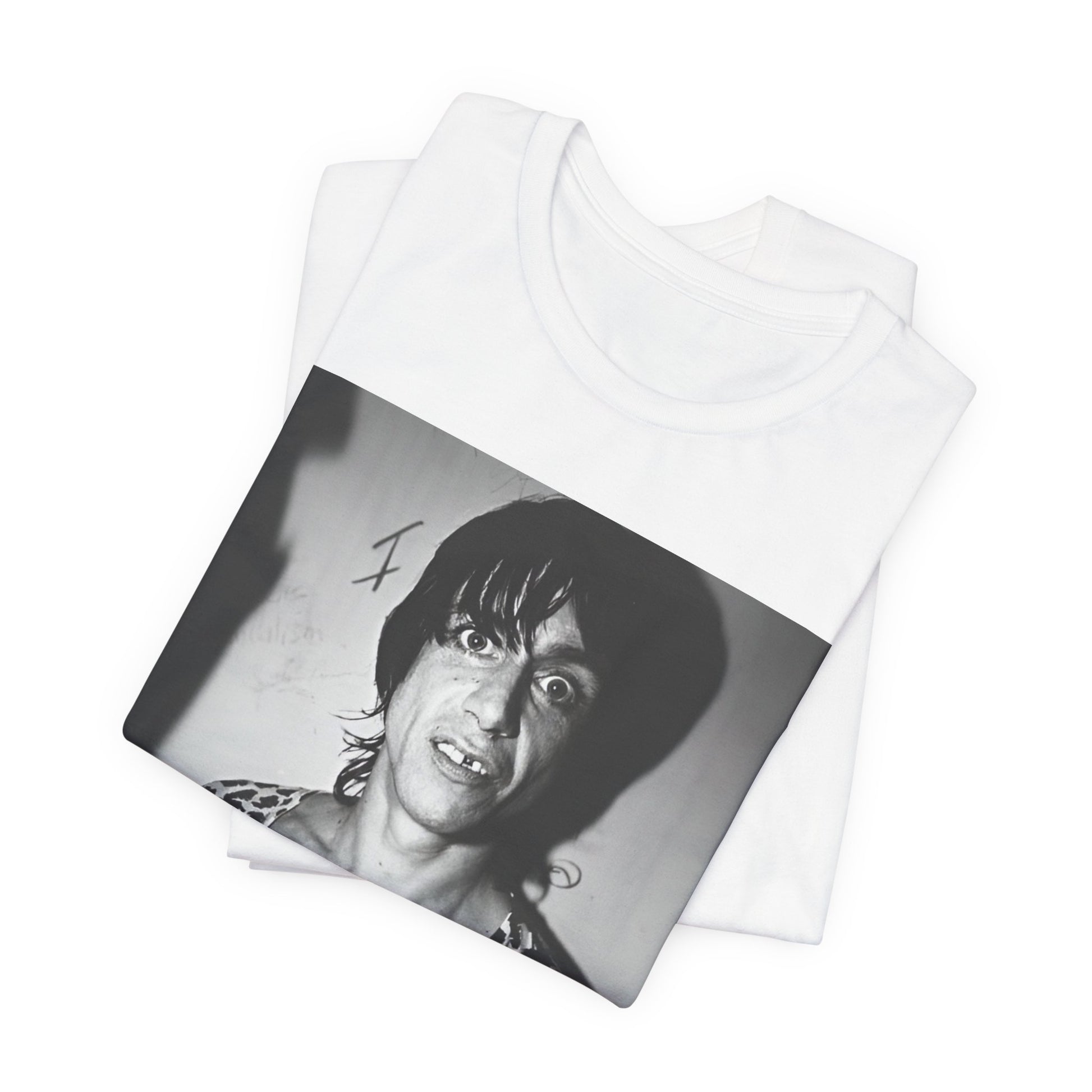 A black graphic t-shirt featuring a graphic of Iggy Pop and The Stooges in a punk style.