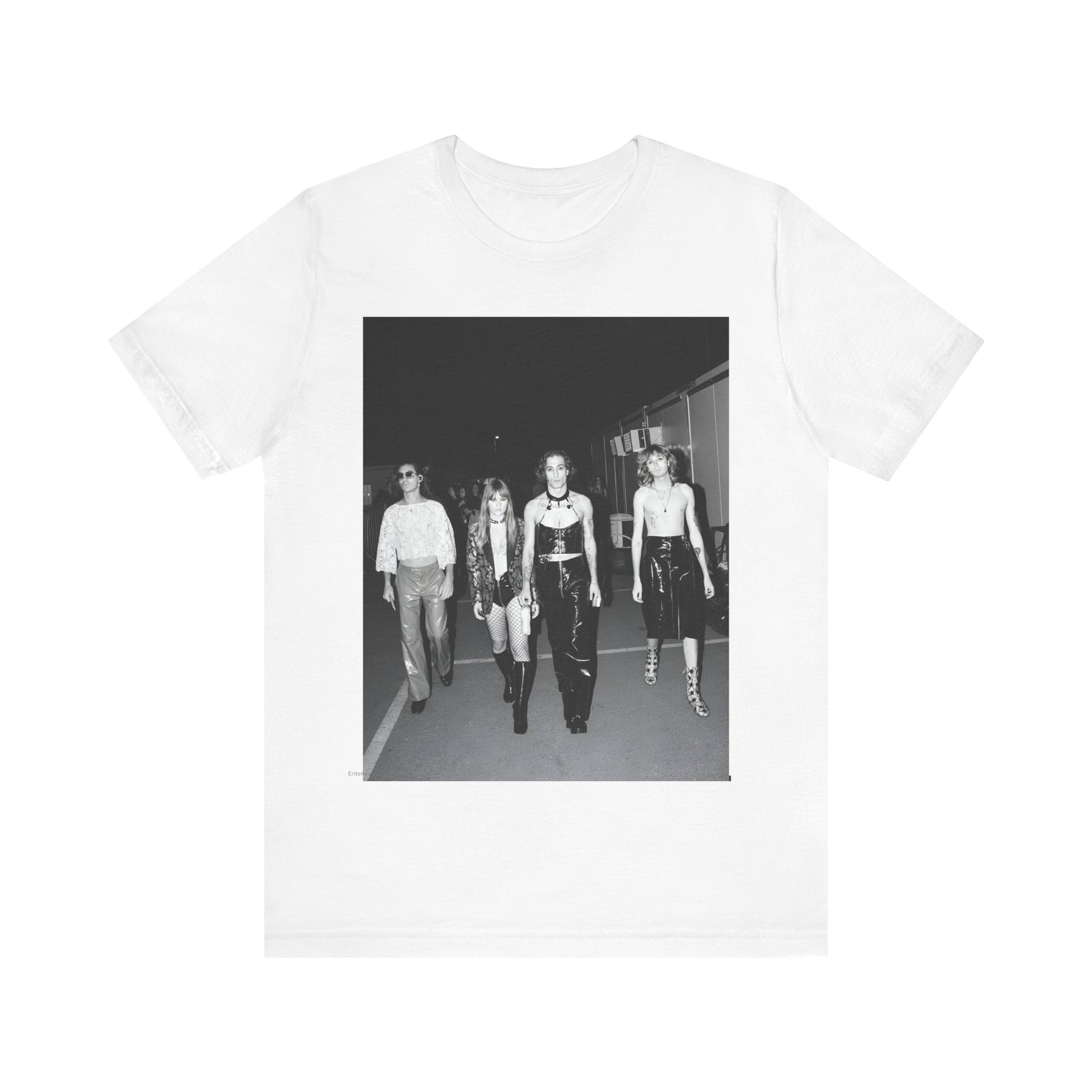 A black graphic t-shirt featuring a black and white, monochrome graphic or photo of Maneskin.