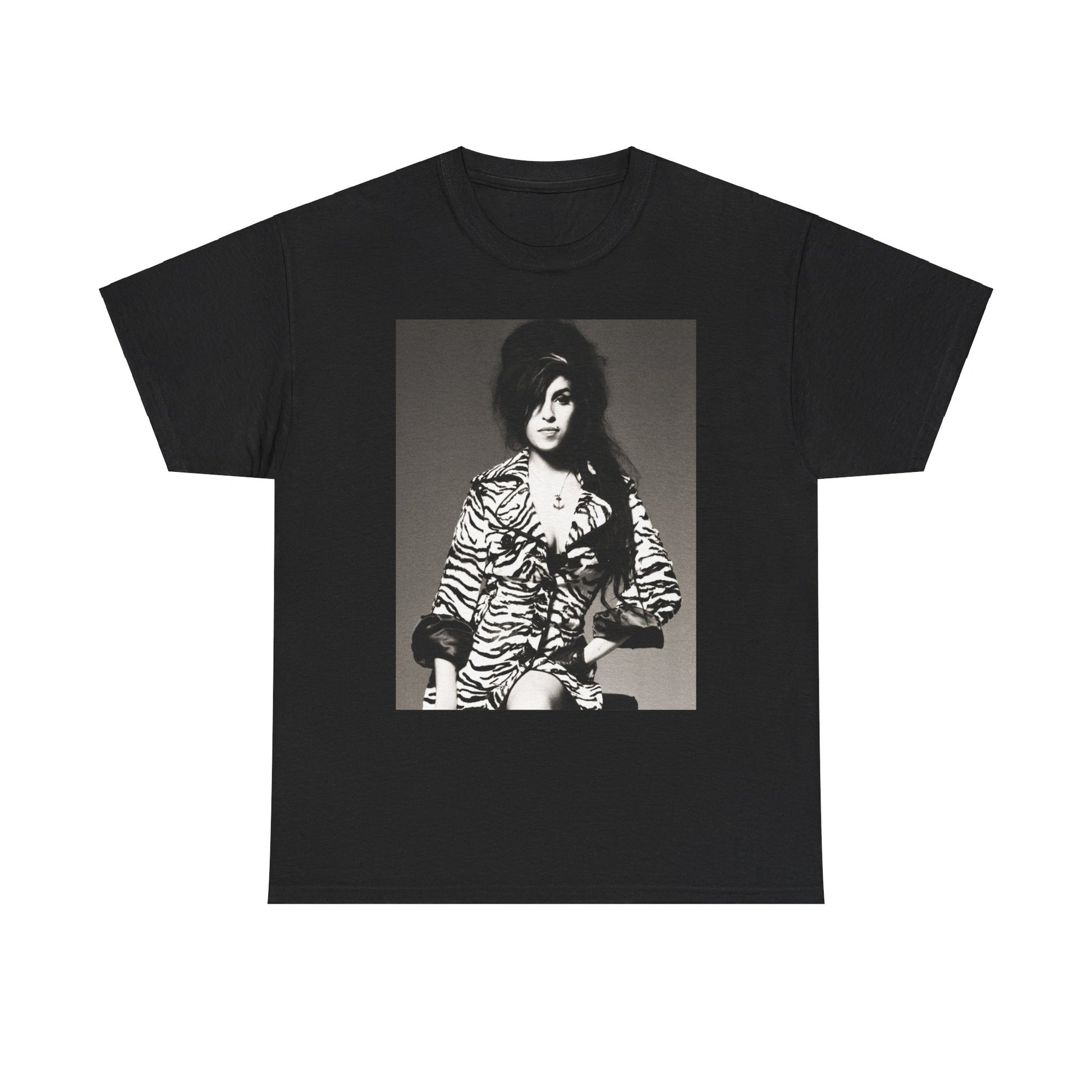 A black graphic t-shirt featuring a vintage black and white portrait of Amy Winehouse, showing her with her signature beehive and soulful expression.