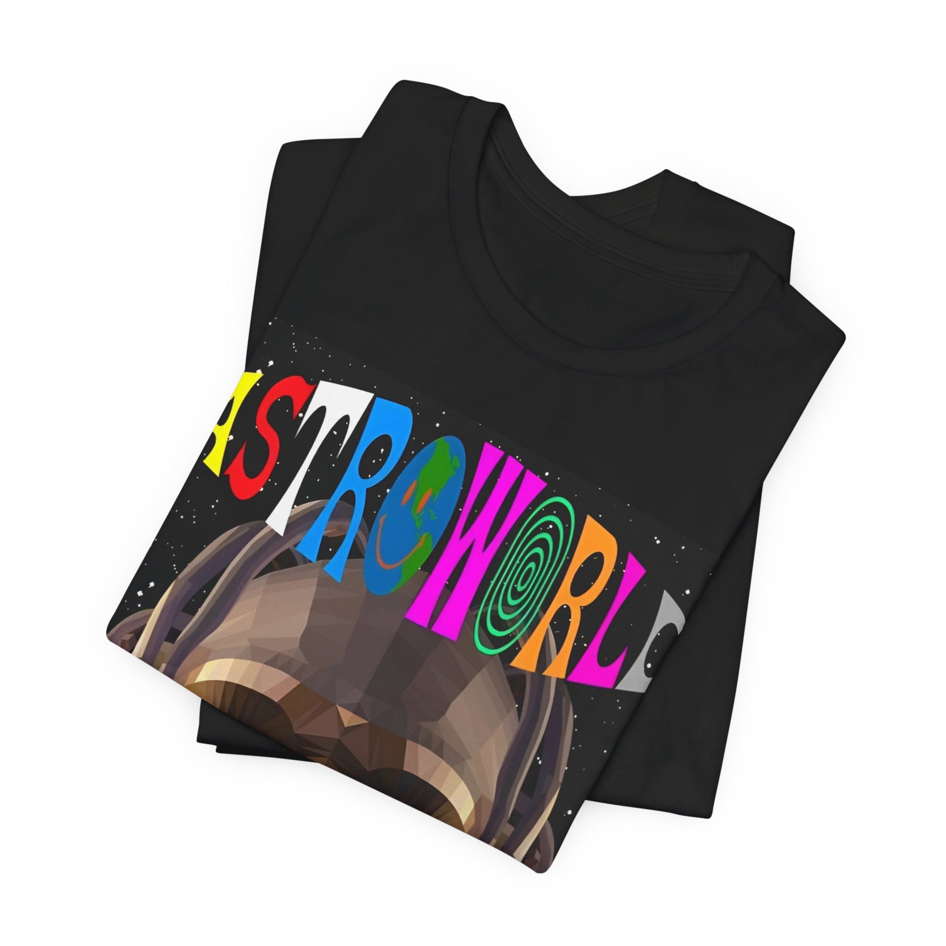 A black graphic t-shirt featuring a graphic related to Travis Scott's Astroworld album era.