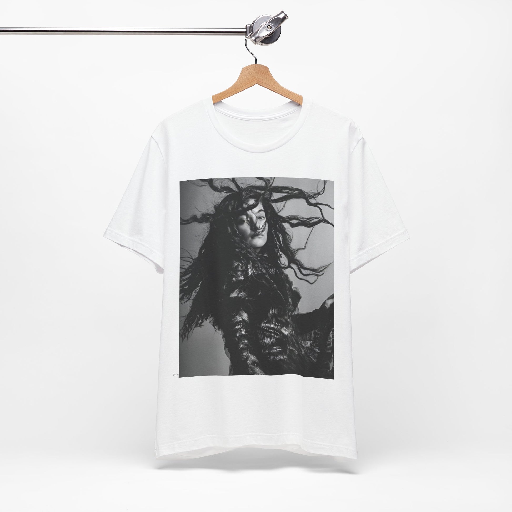 A black graphic t-shirt featuring a black and white retro photo or graphic of Lorde.