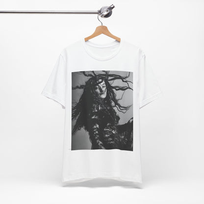 A black graphic t-shirt featuring a black and white retro photo or graphic of Lorde.