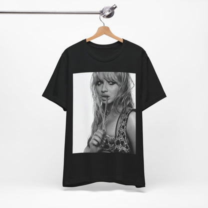 A black graphic t-shirt featuring a black and white portrait photo of Sabrina Carpenter.