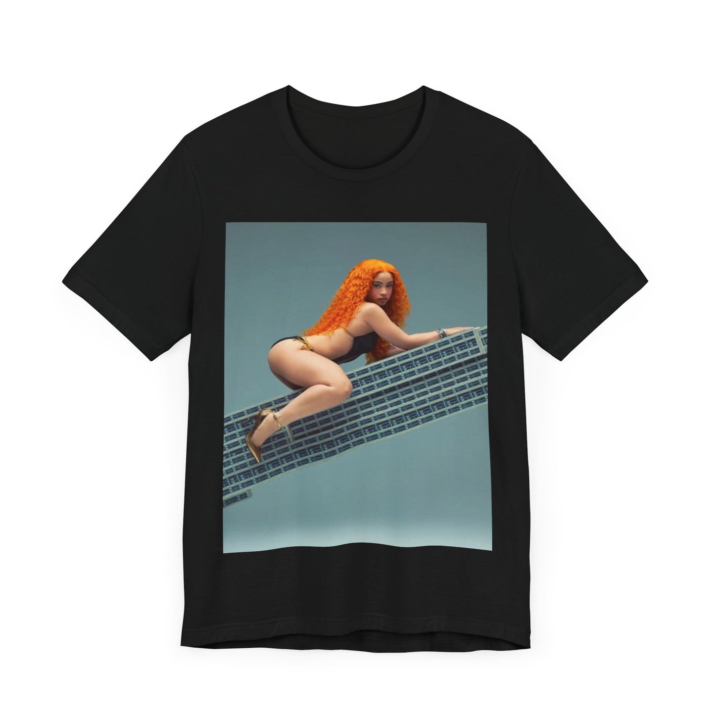 A black graphic t-shirt featuring a graphic of Ice Spice with a chill rap vibe.